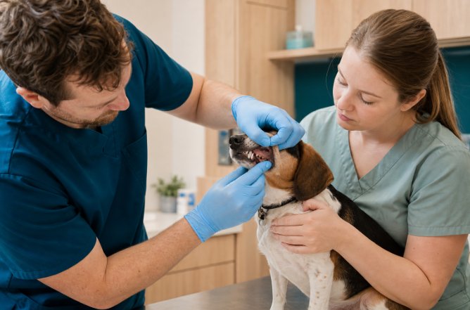 Two veterinary team members checking a beagle’s teeth during an exam