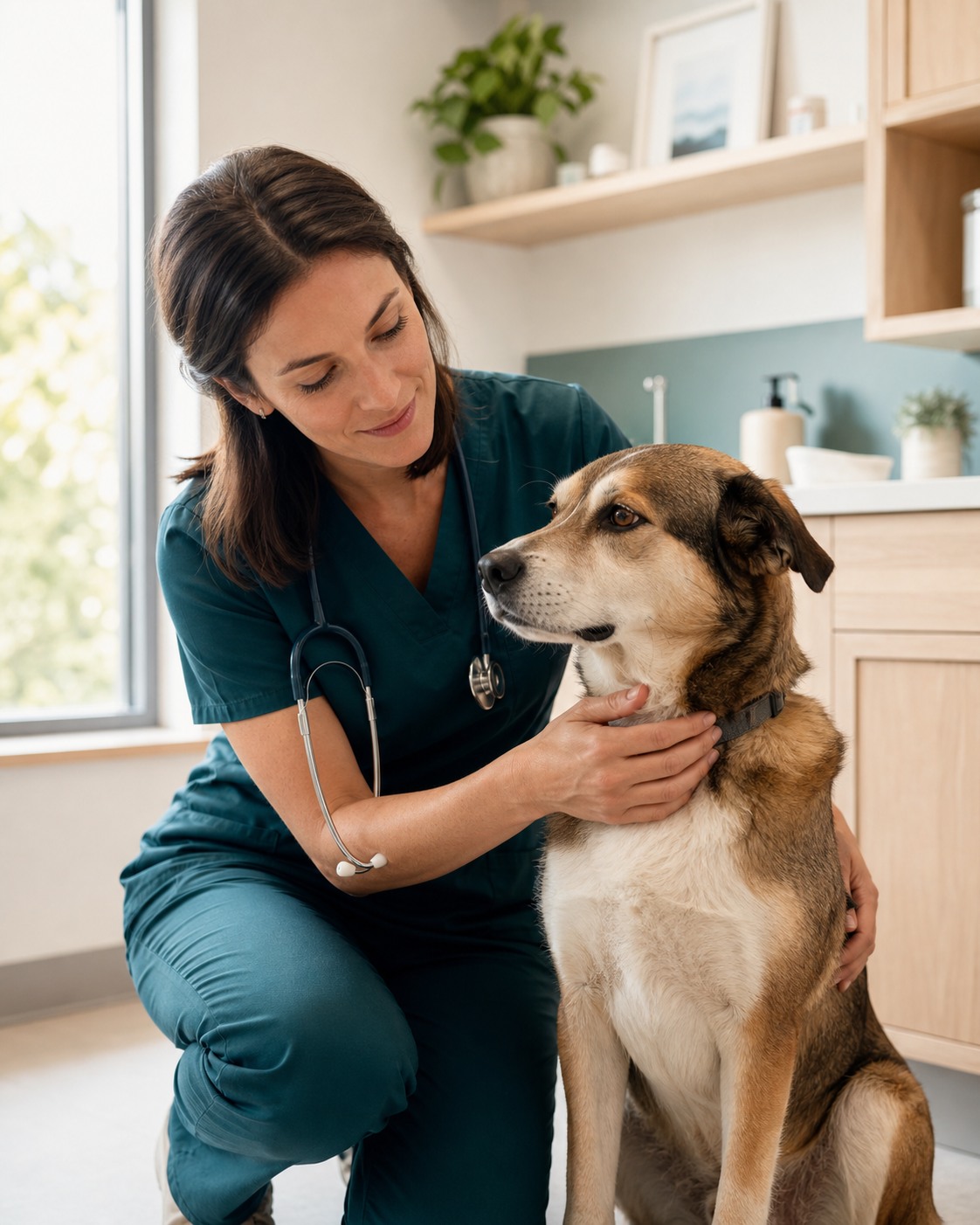 A veterinarian gently examining a calm dog in a bright clinic