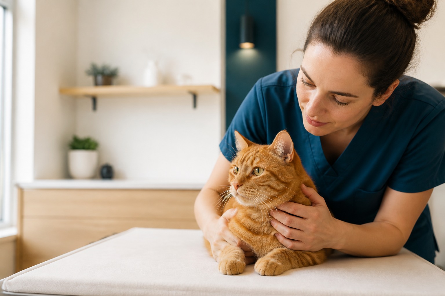 A veterinary professional comforting a relaxed orange cat